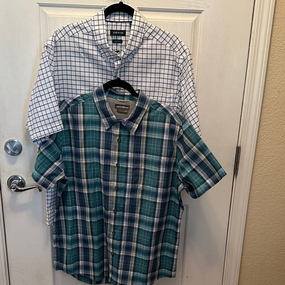 Eddie Bauer Green & Blue Plaid+Orvis Blue & White Checkered Short Sleeve Shirts
